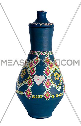 An Egyptian decorated colorful pottery vessel (arabic: Kolla) made of clay, one of the oldest habits of the Ancient Egyptians, one of the art works of Ebtessam ElGohary, a contemporary Egyptian artist specialized in pottery painting art. The piece shown here was painted by her in 2016