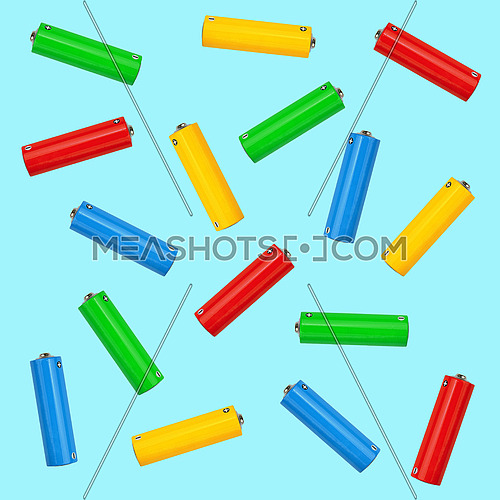 Pattern of mixed multicolor alkaline AA batteries over blue background