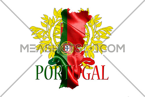 Portugal National Flag With Map Of Portugal And Name Of The Country Isolated On White Background 3D illustration