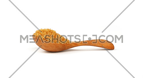 Close up one wooden scoop spoon full of raw brown cane sugar isolated on white background, low angle side view