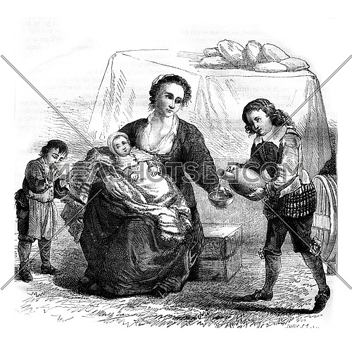 Fragment of Teniers table of mercy works in the Louvre Museum, vintage engraved illustration. Magasin Pittoresque 1878.