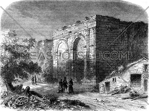 Remains of the triumphal arch, in Langres, Haute-Marne, vintage engraved illustration. Magasin Pittoresque 1847.
