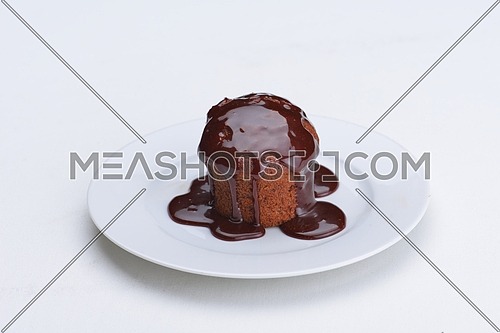 muffin with chocolate sauce dessert isolated on white background
