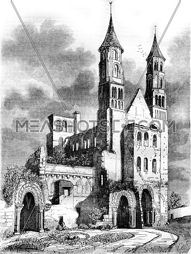 View of the ancient abbey of Jumieges, vintage engraved illustration. Magasin Pittoresque 1836.