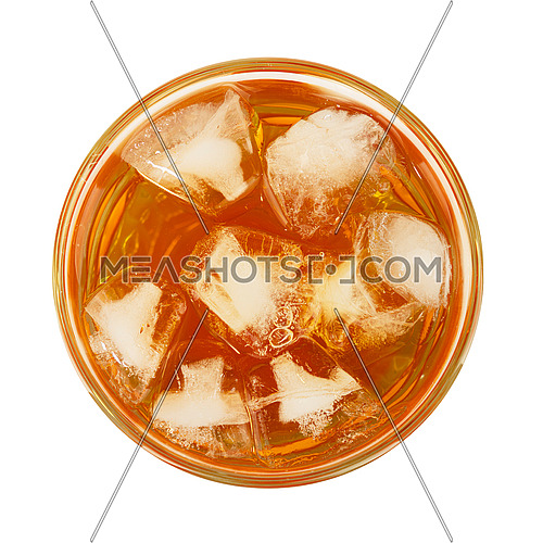 Close up one big glass of iced tea cold drink isolated on white background, elevated top view, directly above