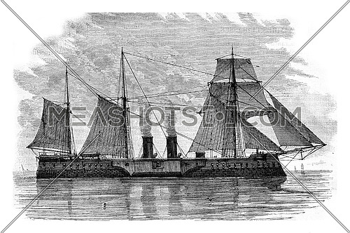 The Tegethoff Austrian battleship, vintage engraved illustration. Magasin Pittoresque 1878.