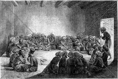 A meal at the Turkmen, vintage engraved illustration. Le Tour du Monde, Travel Journal, (1865).