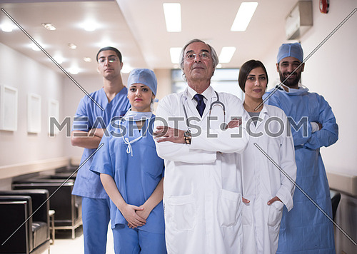 portrait of middle eastern team of doctors in a large modern clinic