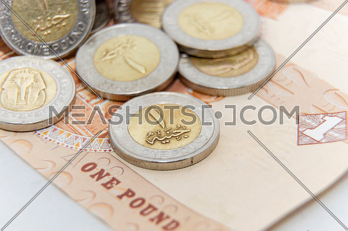 many pieces Egyptian 1 pound gold and silver metal coins dropping on Egyptian pound paper note - banknote  background