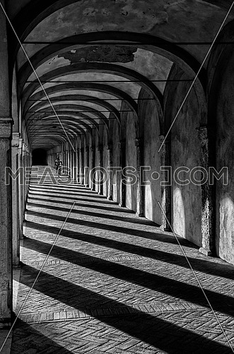A black and white arch way with pillar shadows