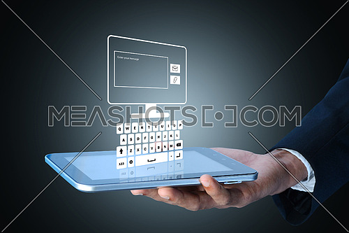 Man showing the tablet in color background