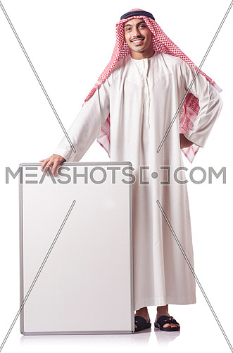 Arab man with blank board on white