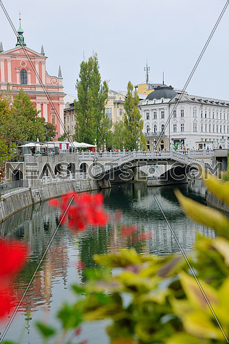 city  Ljubljana, capital of Slovenia with old bridge flower and river