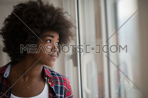 portrait of a young beautiful African American woman with curly hair near the window