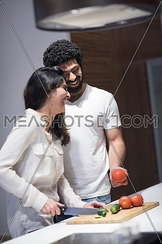a young middle east couple preparing salad in the kitchen with satisfaction