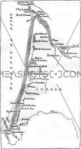 Map of sides of the Bay of Biscay. Dussieux card, vintage engraved illustration. Magasin Pittoresque 1857.