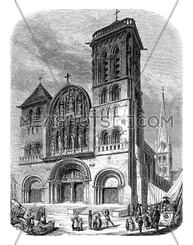 View of the church of Vezelay, vintage engraved illustration. Magasin Pittoresque 1853.