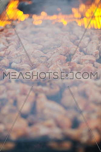 Barbecue with chicken  on grill, fire and smoke in background