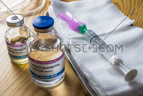 Vial with pentobarbital Sodium injection used for euthanasia and lethal inyecion in a hospital, conceptual image