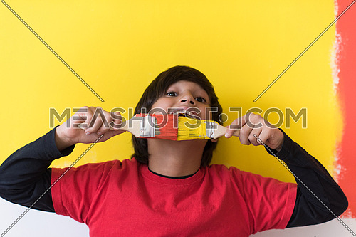 Portrait of a young boy painter with a brushes in his hands in front of colored background