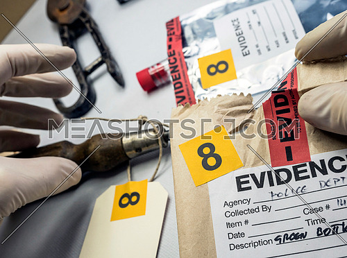Police expert inspects a screwdriver from the scene of a crime, conceptual image