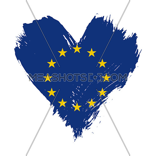 Grunge brushstroke painted illustration of heart shaped distressed European Union EU flag isolated on white background