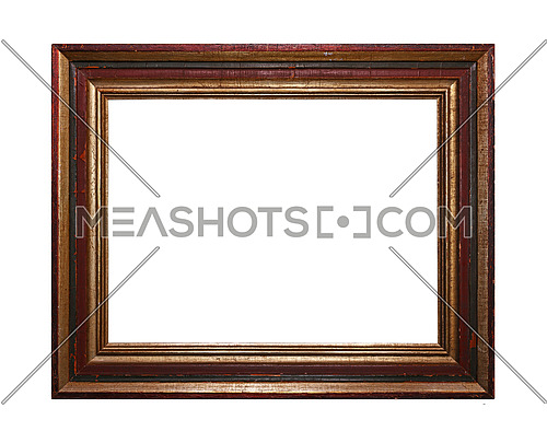 Vintage old antique red, brown and golden painted horizontal rectangular massive picture frame with cracked paint isolated on white, close up