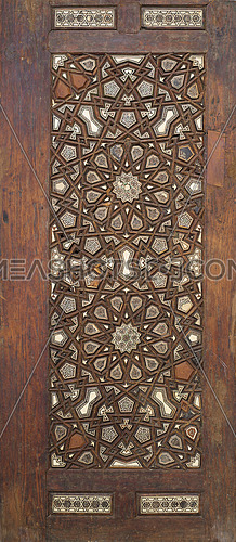 Ottoman style wooden ornate door leaf tongue and groove assembled inlaid with ivory, ebony and bone, Cairo, Egypt