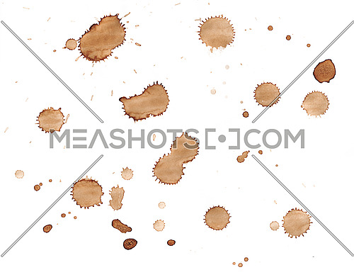 Brown coffee drop stains isolated on white background