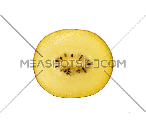Close up one round thin cut slice of fresh green kiwi gold fruit, backlit and isolated on white background