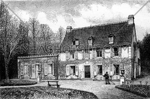 The House of the nurse of Henri IV in Billere, near Pau, vintage engraved illustration. Magasin Pittoresque 1882.