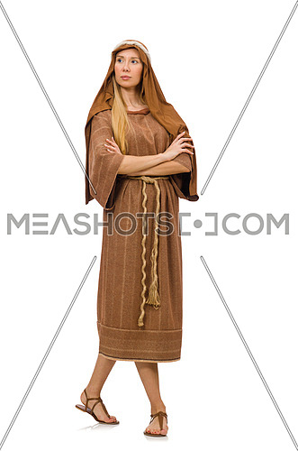 Woman wearing medieval arab clothing on white