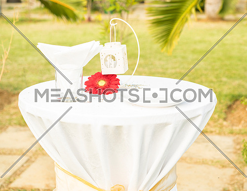 Beautiful elegant white table set for wedding or event party on table red flower, outdoor.