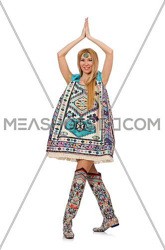 Woman in dress with oriental prints isolated on white