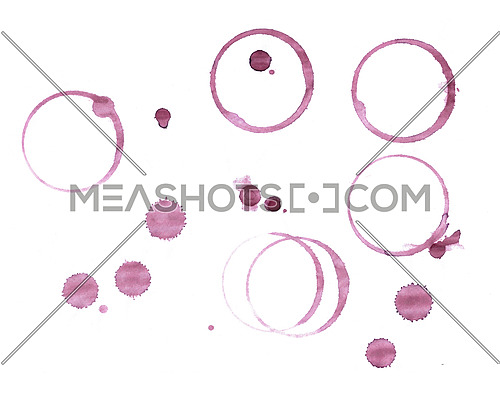 Dry stains of red wine glass or bottle circle rings and blob drops isolated on white background