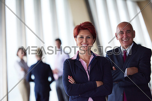 diverse business people group standing together as team  in modern bright office interior  with redhair senior woman in front as leader