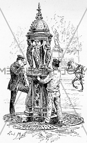 A Wallace fountain, vintage engraved illustration. Paris - Auguste VITU â 1890.