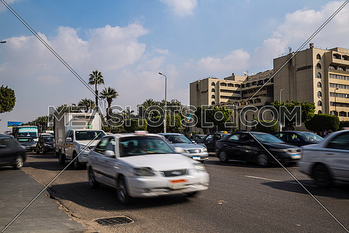 Long Shot for traffic at Salah Salim Street showing Le Meridien Hotel in background at Daytime