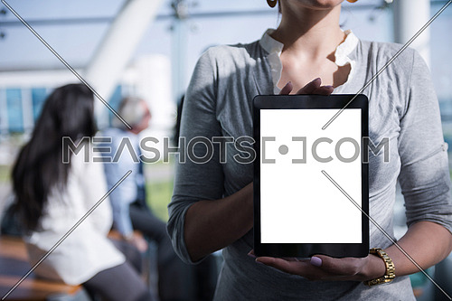 business woman at office  holding tablet computer with empty screen