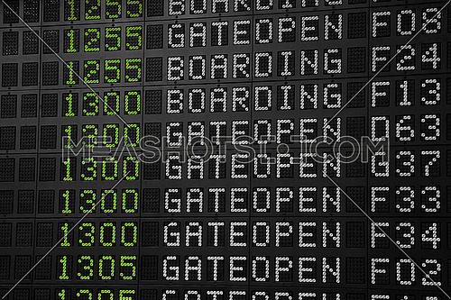 Flight information panel desk at airport, with time, flight number, boarding and gate open messages, close up, low angle view