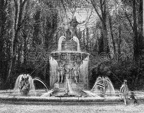 The Narcissus fountain in the gardens of Aranjuez, vintage engraved illustration. Magasin Pittoresque 1870.