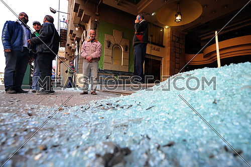 broken glass after A car bomb explosion at the police headquarters in Cairo on 24 January 2014