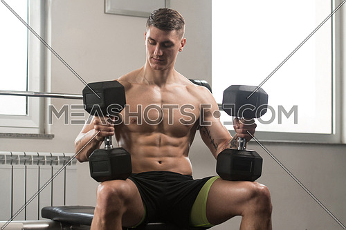 Man Preparing To Exercising Shoulders With Dumbbells In The Gym And Flexing Muscles - Muscular Athletic Bodybuilder Fitness Model Doing Dumbbell Concentration Curls