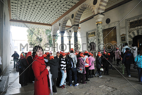 happy young tourist woman travel visit ancient istambul in turkey and old ayasofya blue mosque