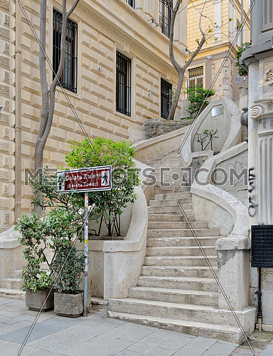 Camondo Steps, a famous pedestrian stairway leading to Galata Tower, built around 1870, located on Banks Street in Galata (Karakoy) district of Istanbul, Turkey