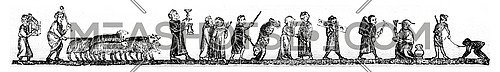 Menetrier, Shepherd, Shouter of wine, Juggler, Showing off her privileged charter any officer of the treasury, Merchant ambulant forget, Chiffonier, Dairy, Monkey showman, vintage engraved illustration. Magasin Pittoresque 1846.