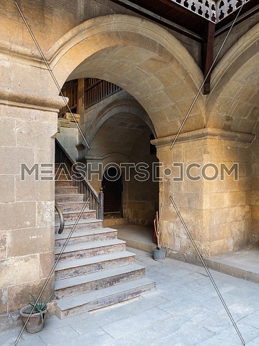 Exterior daylight shot of staircase going up leading to Caravansary - Wikala - of Bazaraa, suited in Gamalia district, Medieval Cairo, Egypt