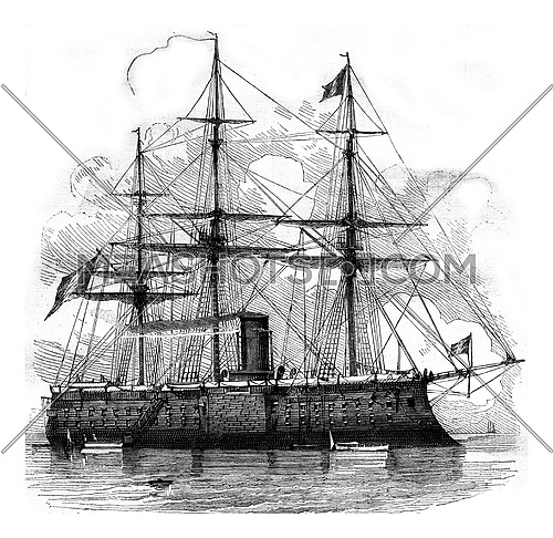 The Devastation, French battleship, vintage engraved illustration. Magasin Pittoresque 1878.