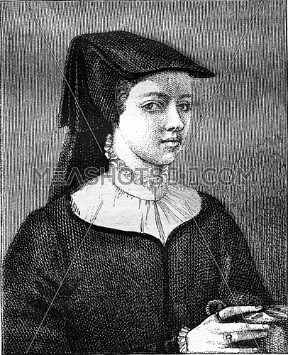 Portrait of Marie Cousin, daughter of Jean Cousin. From Magasin Pittoresque, vintage engraving, 1877.