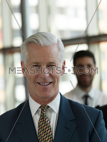 portrait of senior businessman as leader  at modern bright office, business  team  people group in background